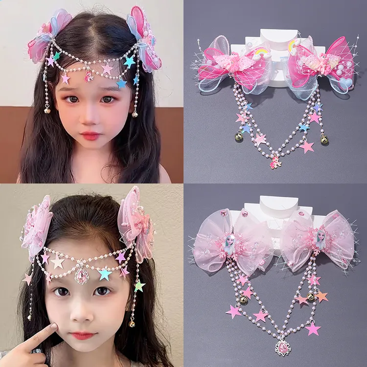冰雪艾莎公主流苏眉心链发夹网纱卡通头花女宝步摇对夹汉服额头饰