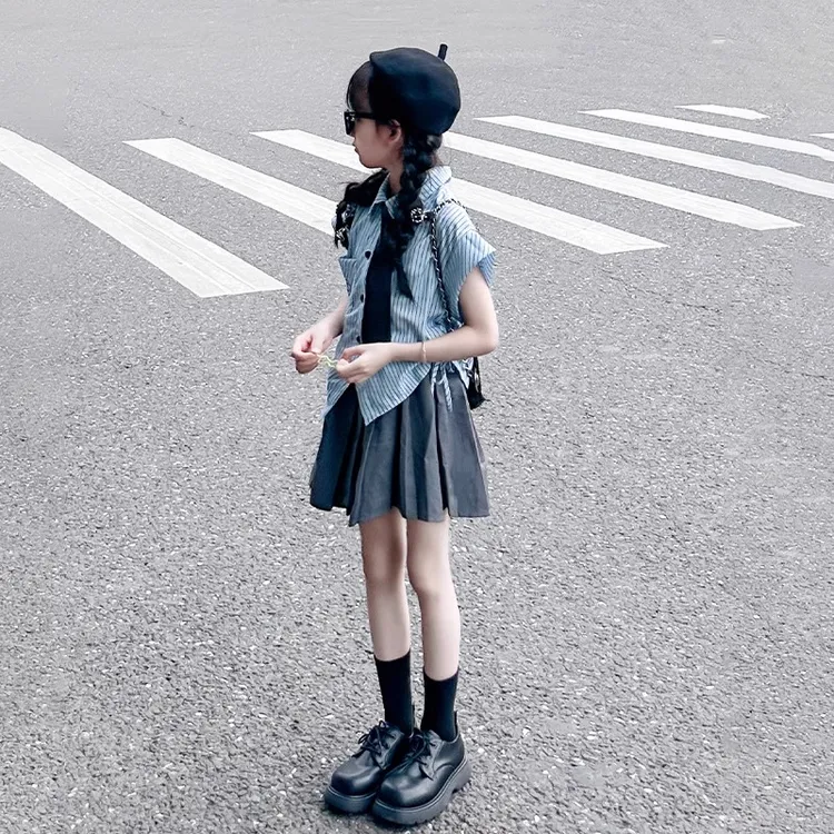 又酷又飒的女童装夏季2025新款儿童学院风jk百褶裙女大童夏装套装