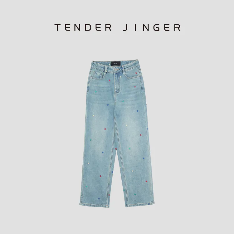 Tender Jinger【黑标】趣味绣圆圈蓝色牛仔直筒裤T51RM136R