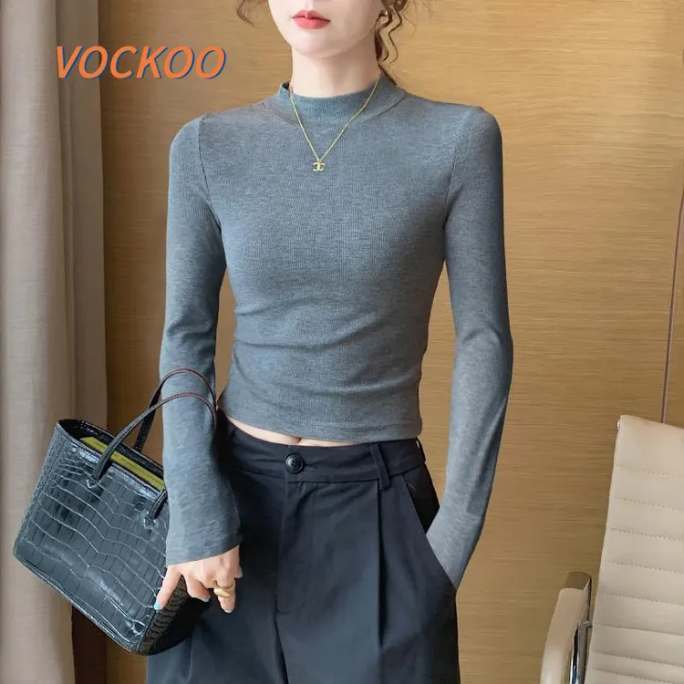 VOCKOO灰色短款半高领打底衫女内搭春秋2025新款修身洋气高腰露脐