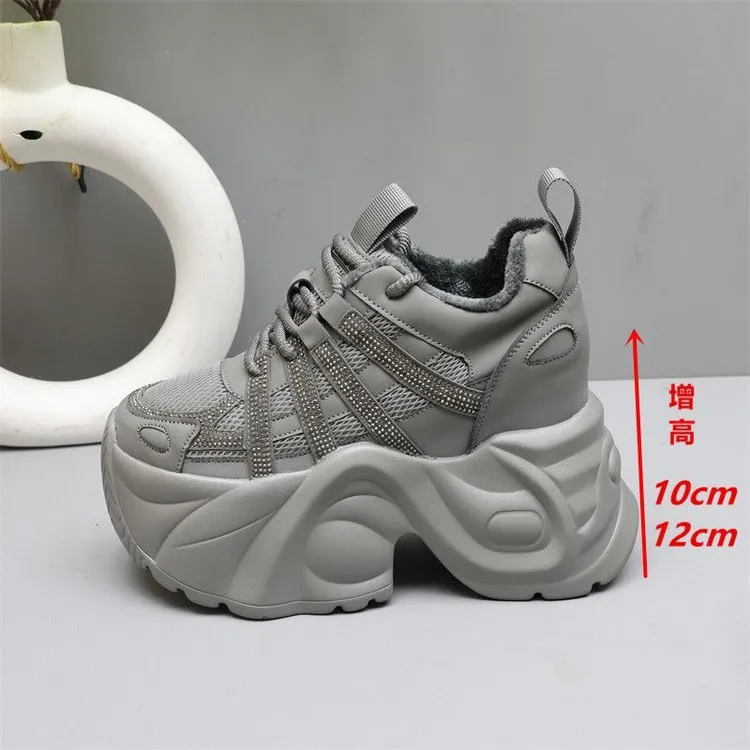 12公分隐形内增高老爹鞋女冬季加绒加厚小白鞋女小个子运动休闲鞋