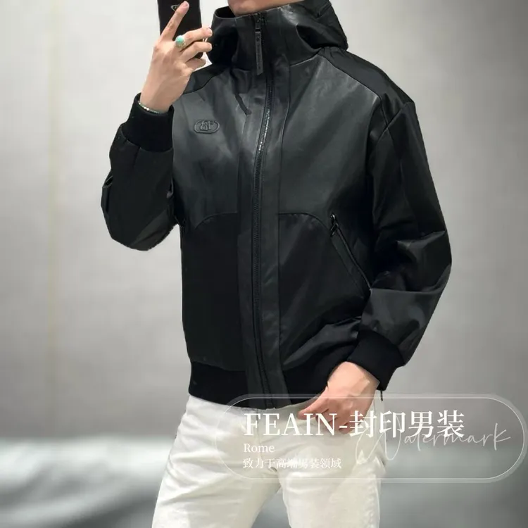 【真皮拼接羽绒】高端男士定制绵羊皮三防连帽羽绒服88759