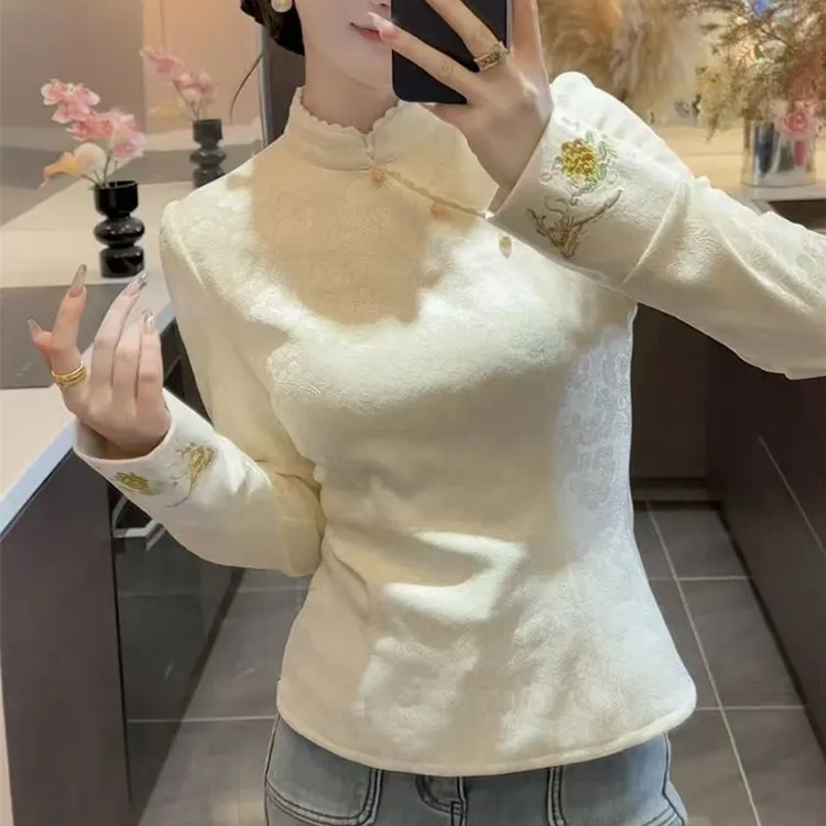 新款国风新中式加绒加厚款打底衫女内搭上衣长袖小衫女装加厚女装