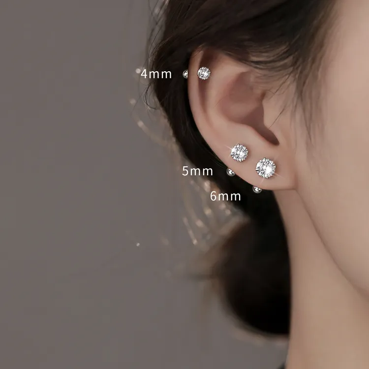 足银合成锆石耳饰 999纯银闪钻耳钉女款养耳洞免摘耳骨钉小众百搭