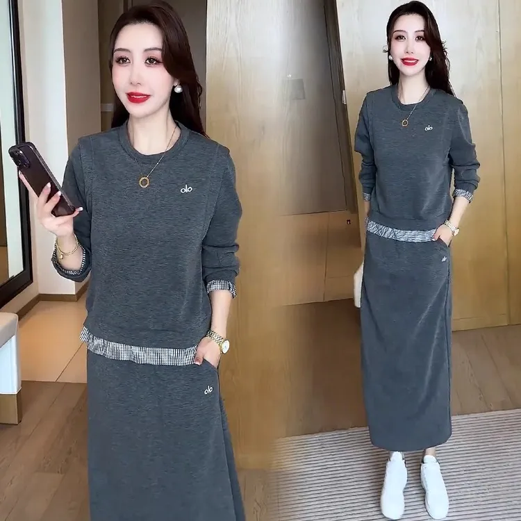 时尚套装裙女2025秋季新款洋气显瘦假两件拼接上衣半身裙两件套潮