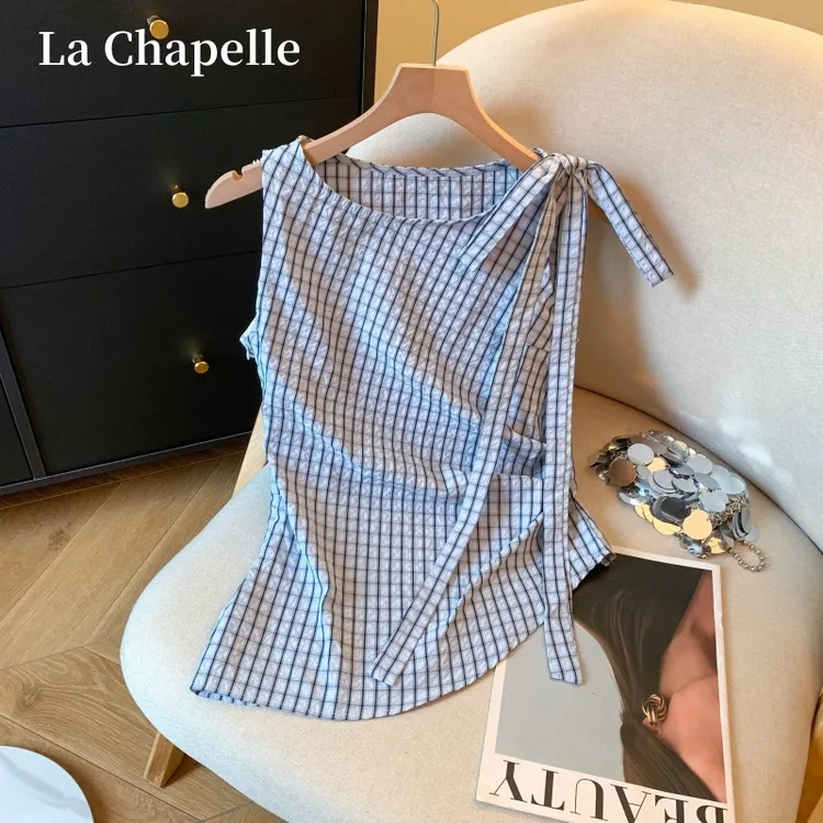 拉夏贝尔法式绑带收腰上衣韩版辣妹背心衬衫女夏季新款不规则上衣