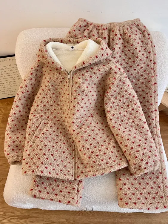 韩系喜庆红色波点连帽三层夹棉睡衣女冬季新款加厚保暖家居服套装