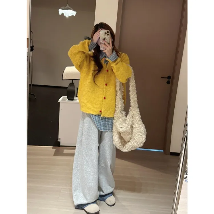 MARIE.COCO韩系衬衫叠穿针织毛衣外套女秋冬季阔腿百搭牛仔裤套装