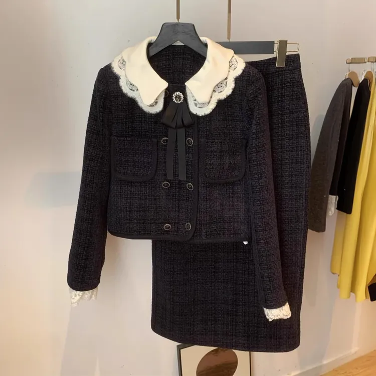 0278娃娃领外套长裙两件套女秋季高级感显瘦高腰A字裙小香风套装