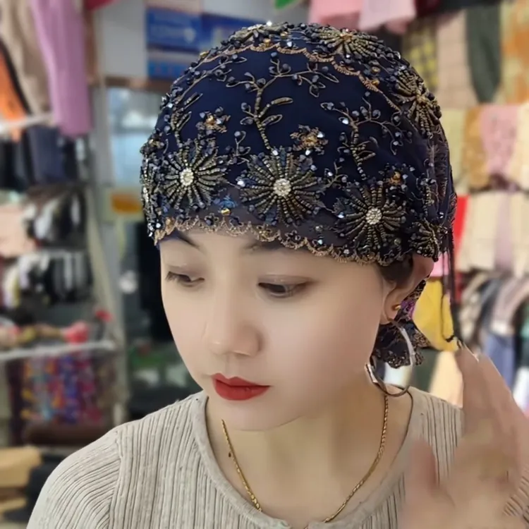 新款鱼尾流苏刺绣包头重工时尚爆款双层手工缝制薄款头巾洋气帽子