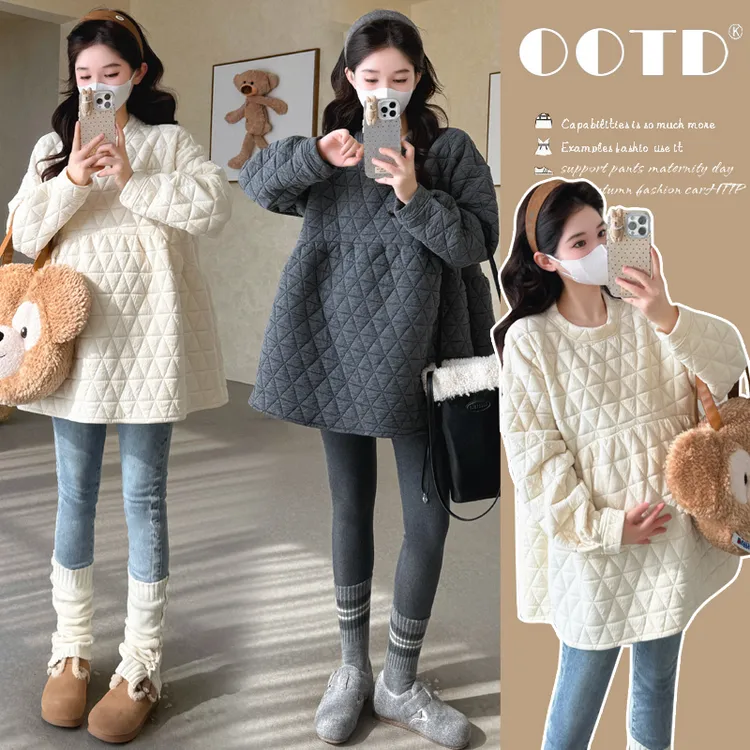 孕妇上衣2025新款冬季显瘦菱格夹棉保暖卫衣中长款娃娃衫孕妇装