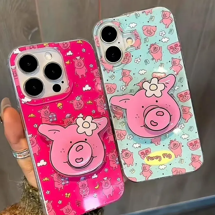 双层IMD转转鼻子小猪支架手机壳适用苹果16华为p70oppo小米15vivo