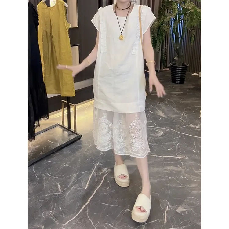 夏季薄款棉麻连衣裙女2025新款假两件长裙显瘦气质超好看蕾丝裙子