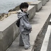 【现货】Jimmy妈童装 巴黎街头 春季儿童烟灰色做旧连帽牛仔衣外套