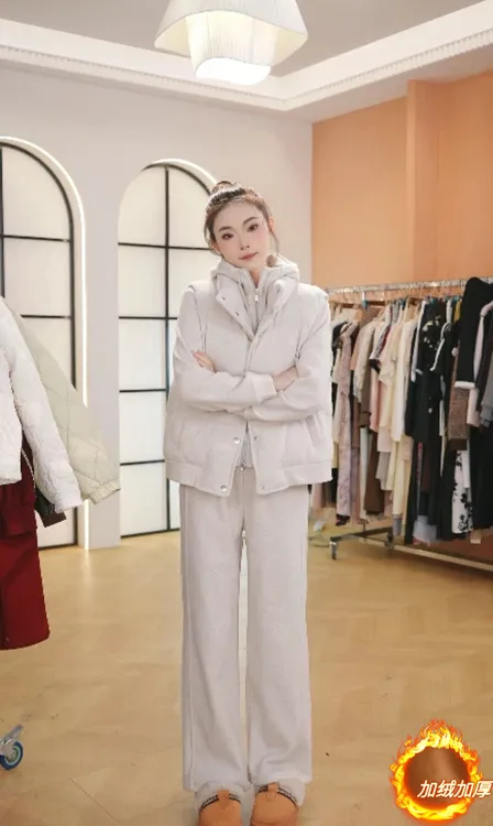 F3075【加绒加厚】秋冬新款气质宽松保暖棉衣马甲阔腿裤女装三件套