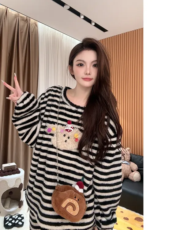 轻舒绒加厚睡衣女秋冬季新款条纹可爱卡通保暖毛绒冬天家居服套装
