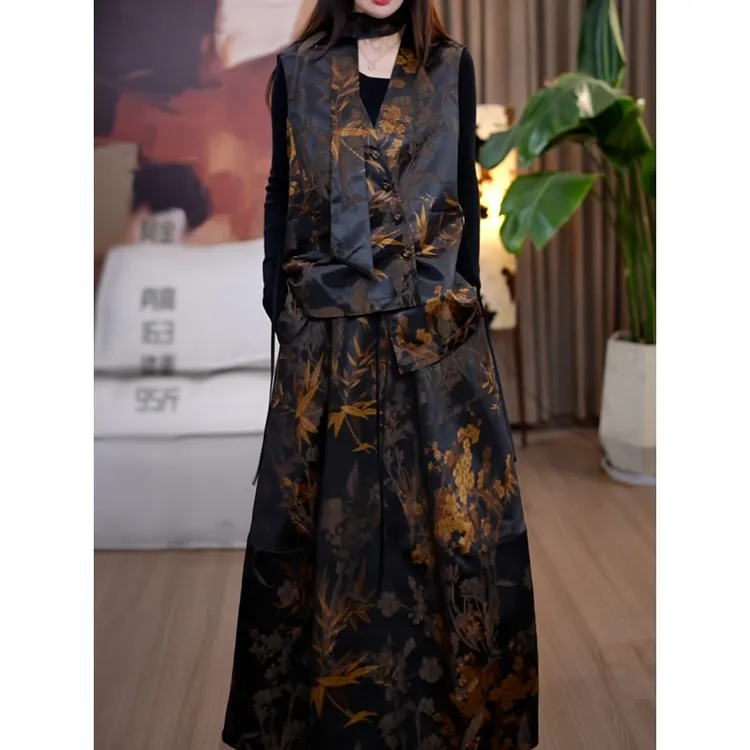 气质优雅高级感印花裙套装2025秋季新款时尚百搭无袖马甲+半身裙