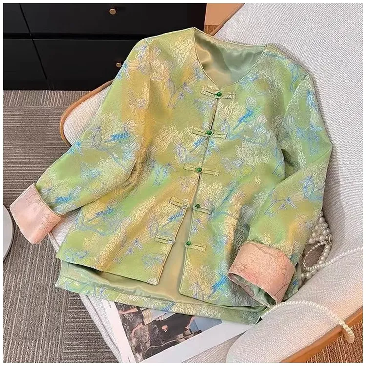 阔太太时髦服装中国风唐装缎面上衣大码开衫年轻版新中式气质外套