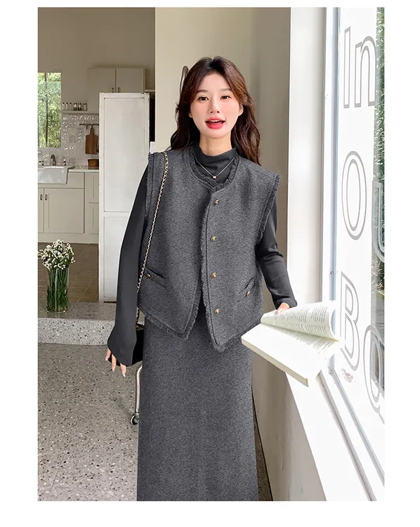 法式小香风时尚马甲套装裙女春秋2025新款高级感显瘦半身裙三件套