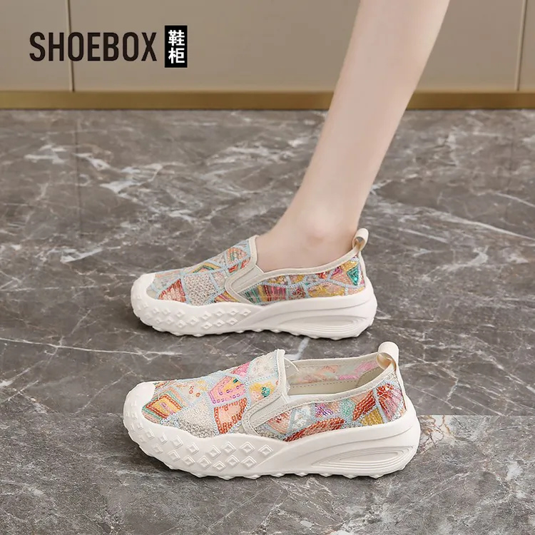 SHOEBOX鞋柜女鞋渔夫鞋夏季透气踩屎感亮片网鞋不累脚软底布鞋