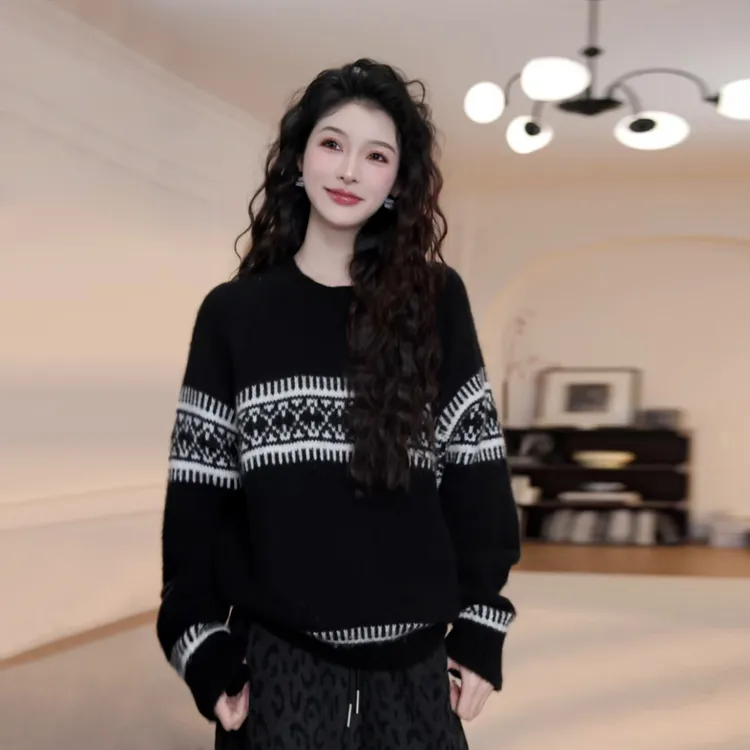 2025秋冬季新款圆领费尔岛毛衣女秋冬休闲长袖针织衫慵懒风上衣