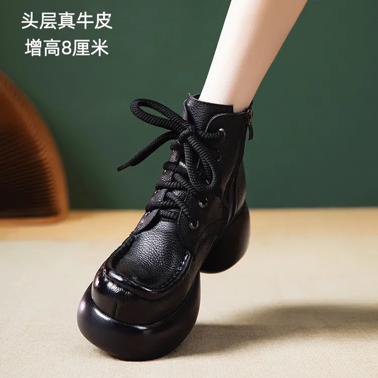 真皮马丁靴女加绒秋冬新款小个子头层牛皮休闲复古风厚底小短靴女
