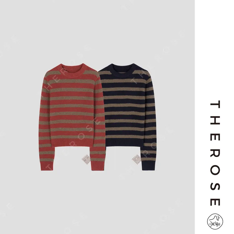 之柔【北平之秋】意大利进口L*P丝绒撞色条纹针织衫圆领长袖上衣女