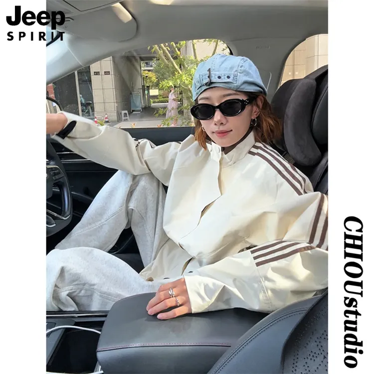 JEEP吉普美式三条杠立领外套男秋季潮牌高级感运动夹克男防水条纹