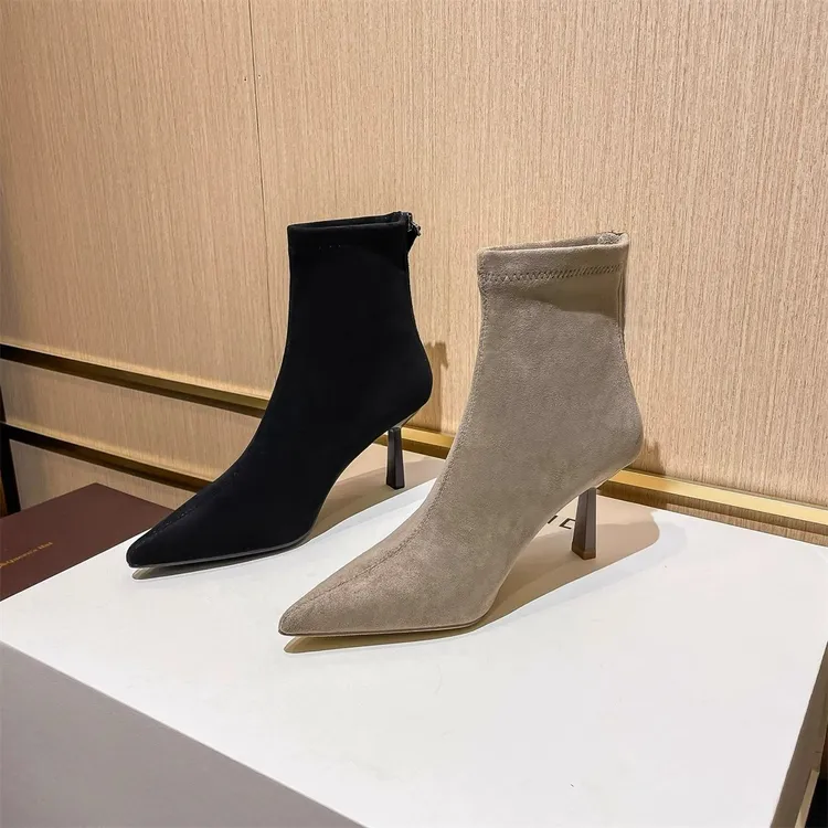 巨显瘦~尖头女人味绒面尖头瘦瘦靴细跟高跟短靴弹力靴后拉链女靴