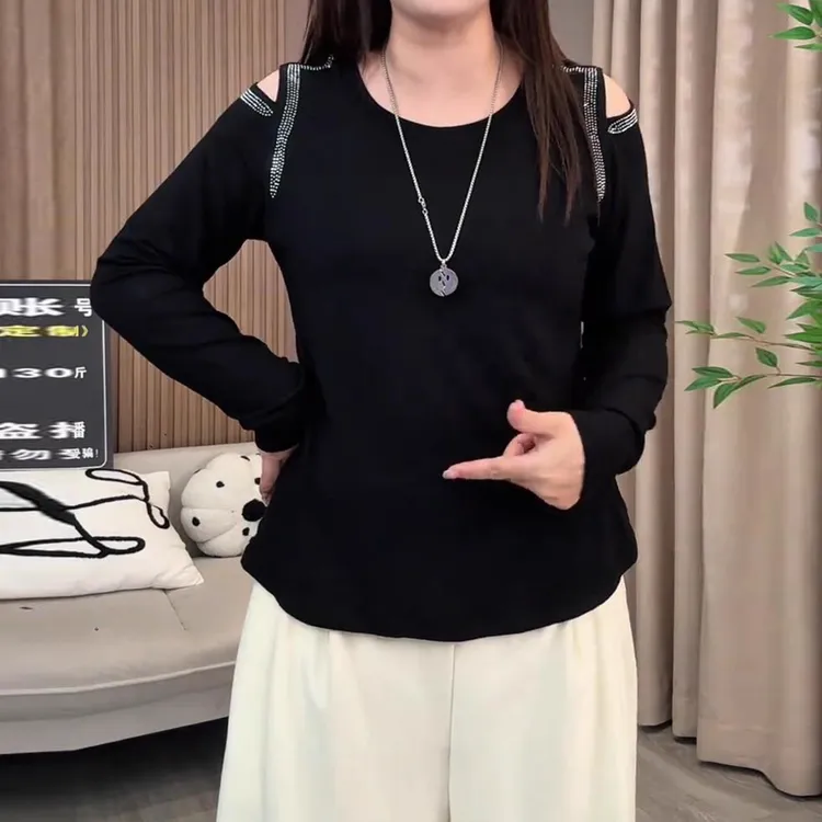 宽松显瘦遮肉上衣秋季新款胖MM大码女装设计感烫钻露肩长袖T恤女