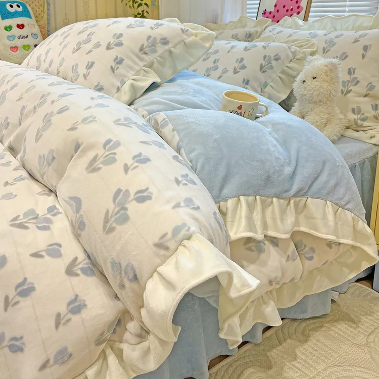 秋冬季公主风牛奶绒四件套双面加绒珊瑚绒被套床单床上用品三件套