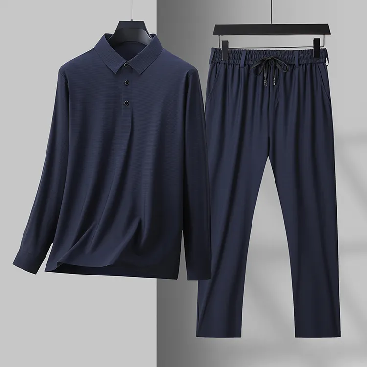 春秋POLO衫两件套套装商务长袖衬衫透气弹力大码舒适薄款高弹丝滑
