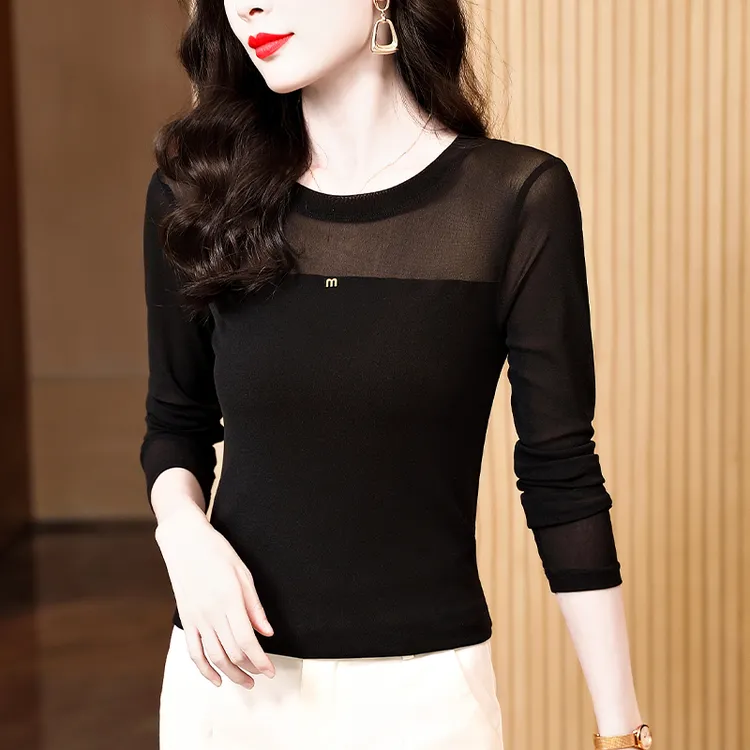 圆领蕾丝打底衫女内搭秋季2025新款黑色网纱长袖T恤洋气小衫上衣