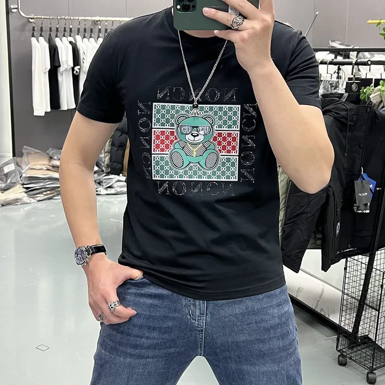 潮流烫钻短袖个性夏季上衣纯棉显瘦休闲男士T恤修身半袖春夏时尚