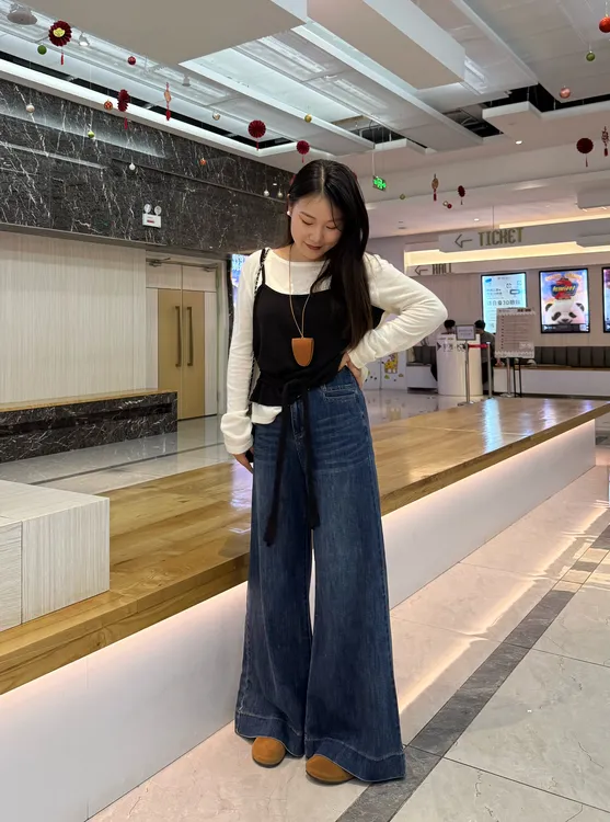 韩系复古牛仔裤女秋季上新流光风大码高腰显瘦垂感宽松百搭阔腿裤