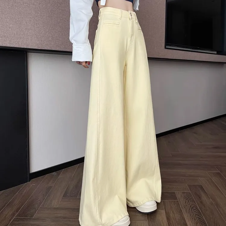 多巴胺米黄色阔腿牛仔裤女新款高腰牛仔裤女款女孩爆款网红牛仔裤