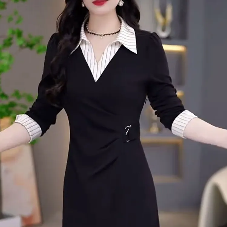 时尚洋气设计感假两件拼接POLO领2026春季新款收腰显瘦百搭连衣裙