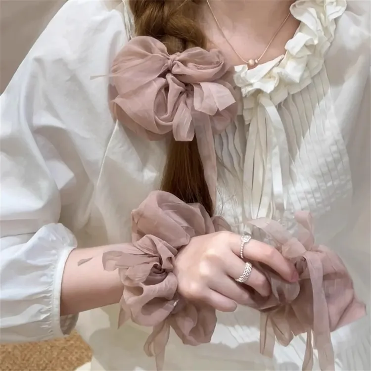 韩系超温柔芭蕾风轻纱蝴蝶结飘带大肠发圈高马尾丸子头扎发绳发饰