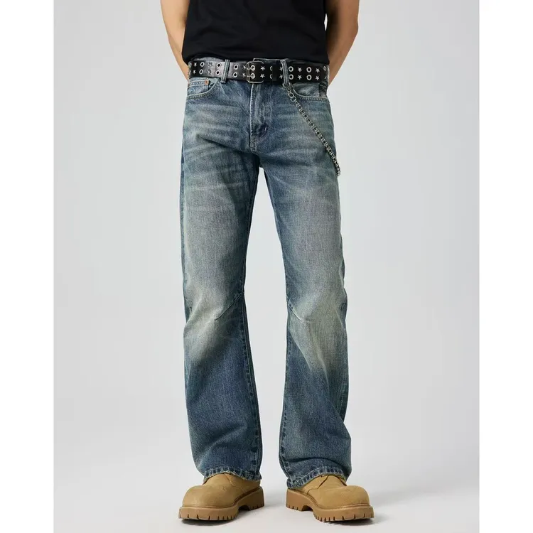 SINGLE SAILOR四季款男士弯刀微喇复古蓝水洗赤耳丹宁牛仔长裤