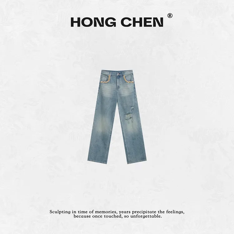 【虹辰】高端时尚设计重工贝珠花边口袋百搭高级破洞牛仔裤--HC2538