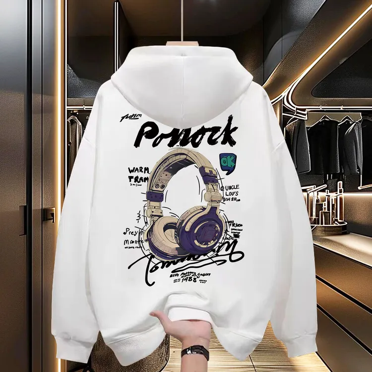 喜居麦美式连帽卫衣OK复古耳机宽松印花百搭休闲套头加绒长袖卫衣