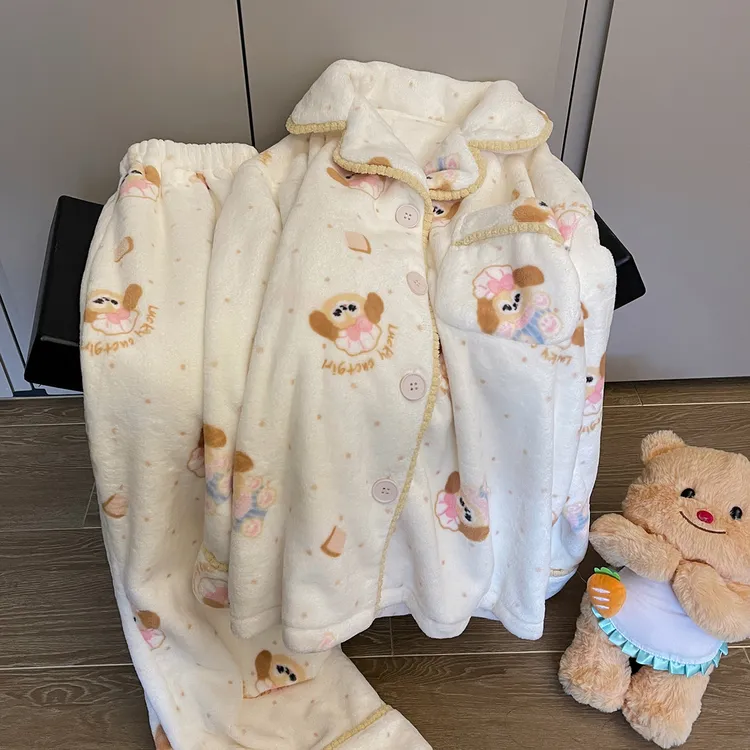 甜美可爱睡衣女冬季加绒加厚法兰绒开衫保暖新款珊瑚绒家居服套装