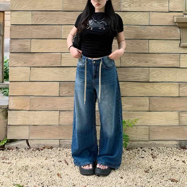 微胖mm复古抽绳宽松设计感牛仔裤女夏季新款高腰显瘦垂感直筒裤子