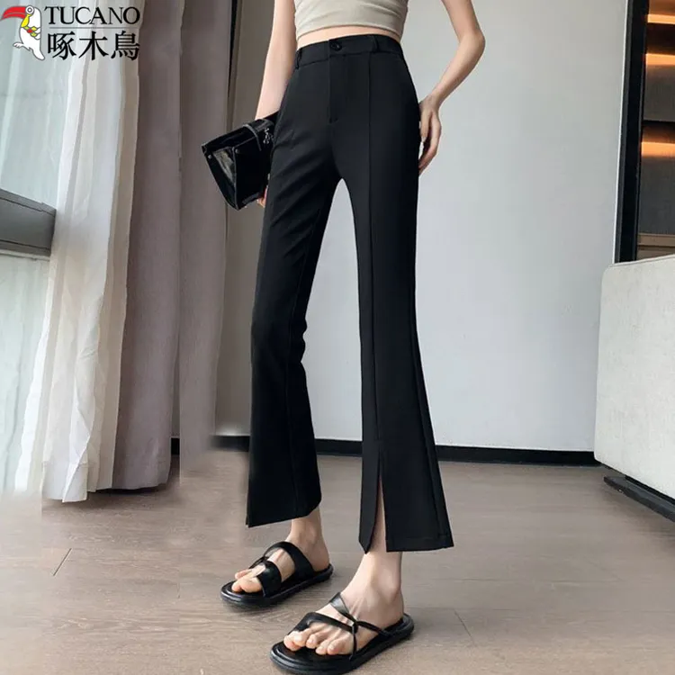 TUCANO/啄木鳥黑色开叉微喇裤女秋季新款高腰显瘦百搭通勤九分裤