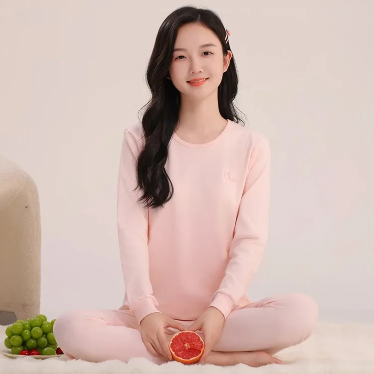 青少年秋衣秋裤少女孩大童纯棉初中高中学生保暖内衣套装全棉毛衫