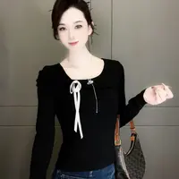 2025早秋新款 斜肩蝴蝶结T恤女长袖修身显瘦百搭上衣125#