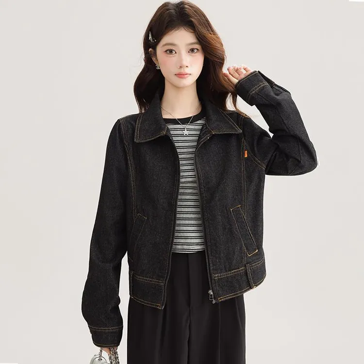 美式复古短款拉链休闲牛仔夹克外套女2025春秋薄款港风运动上衣潮