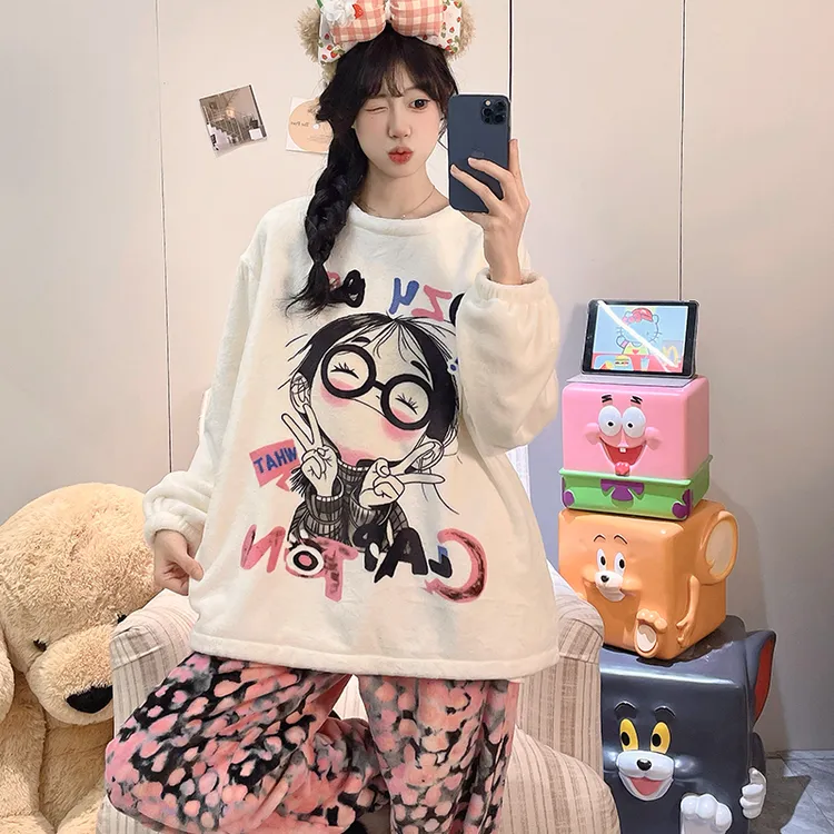 珊瑚绒睡衣女款冬季加绒加厚甜美保暖法兰绒春秋天女士家居服套装