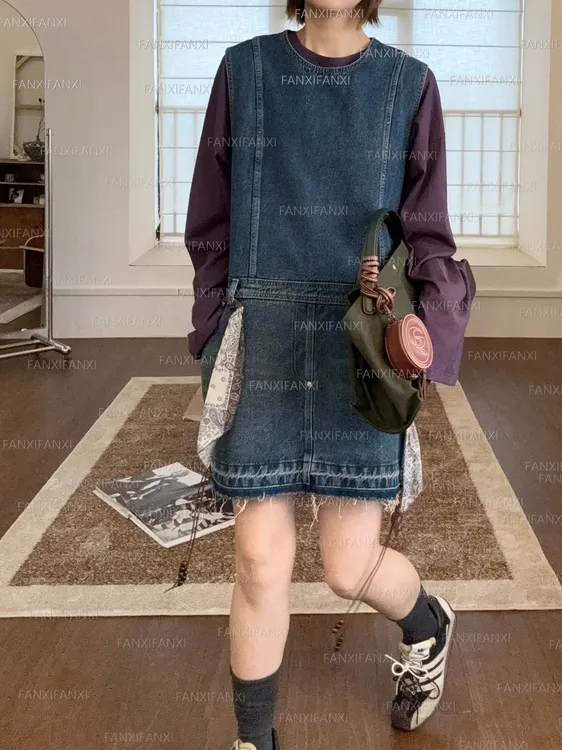 2025复古H型腰带装饰百搭宽松显瘦圆领休闲牛仔无袖背心连衣裙L33