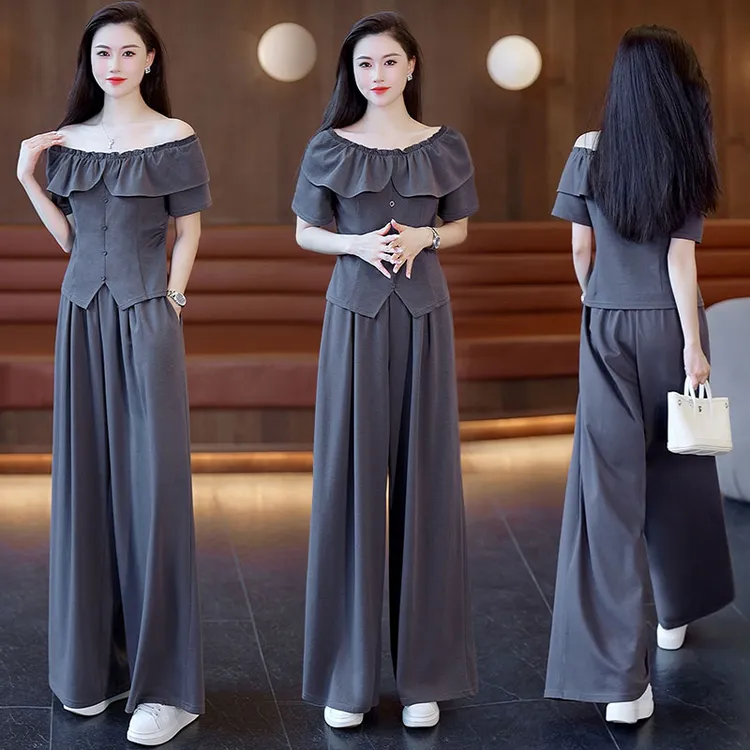 时尚套装夏季气质洋气设计感一字肩上衣收腰短袖+直筒裤两件套